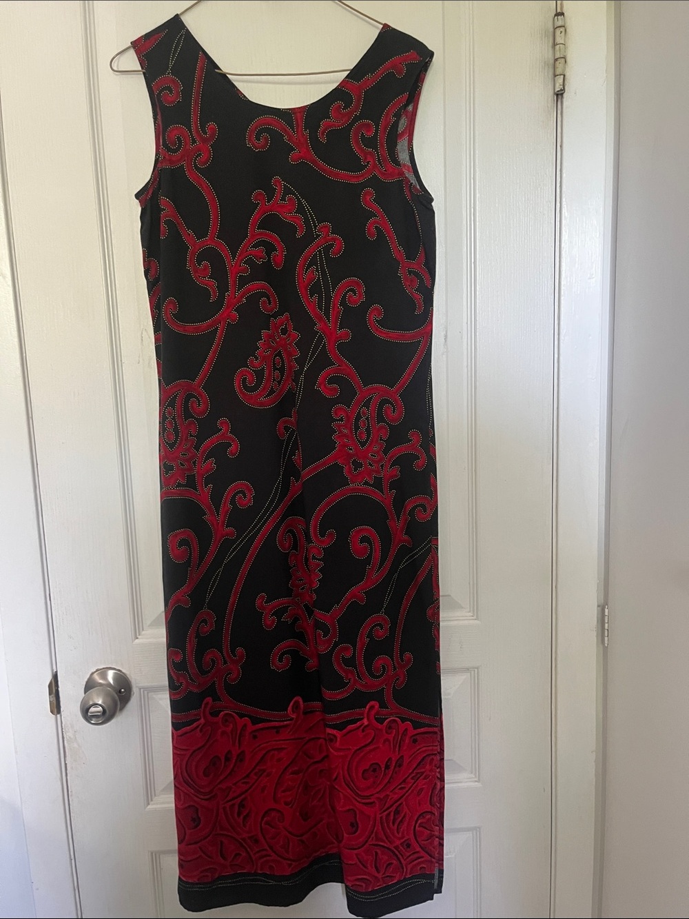 1990’s Whimsigoth Black Maxi Dress with Red Scrollwork - Vintage